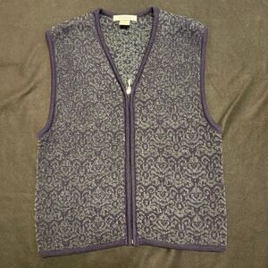 Le Moda Womens Vest XL Sleeveless Knit Full Zip Blue‎ Gray Patterned Top